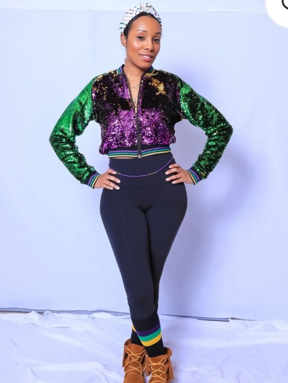 Mardi Gras Creations Purple Green Gold Seqin Crop Zipped Jacket Lg Fun Fesive